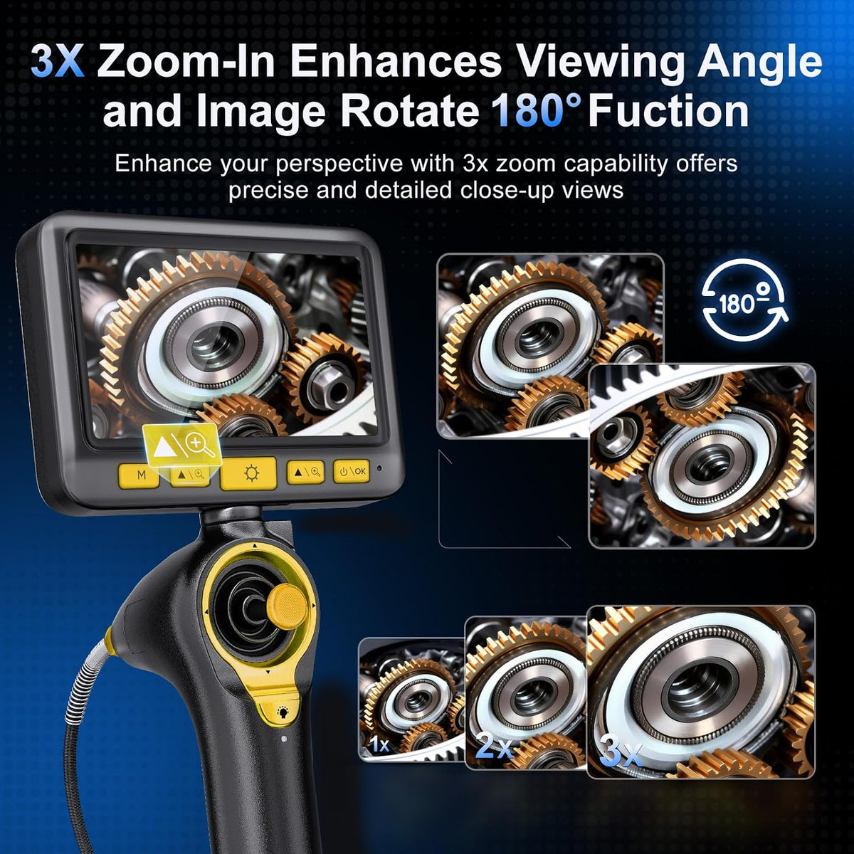 360°Articulating Borescope Camera - JESERAL 5" HD 1080P Inspection Camera Screen with 6 Light, Endoscope with 6.2mm IP67 Waterproof Probe, 3X Zoom 4-Way Borescope Engine with 1M Flexible Cable