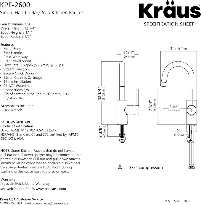 KRAUS Oletto Single Handle Kitchen Bar Faucet