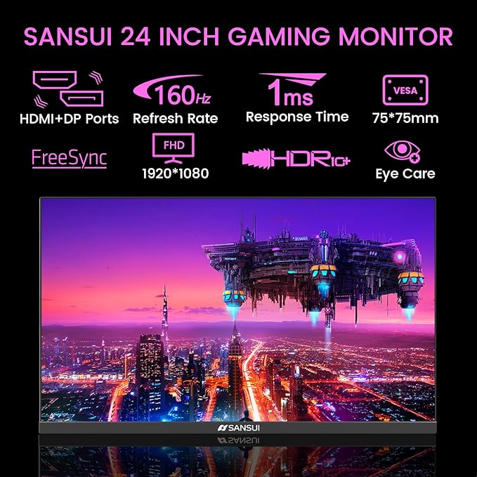 SANSUI 24 Inch Gaming Monitor 160Hz FHD 1080P Computer Monitor, FreeSync 1ms