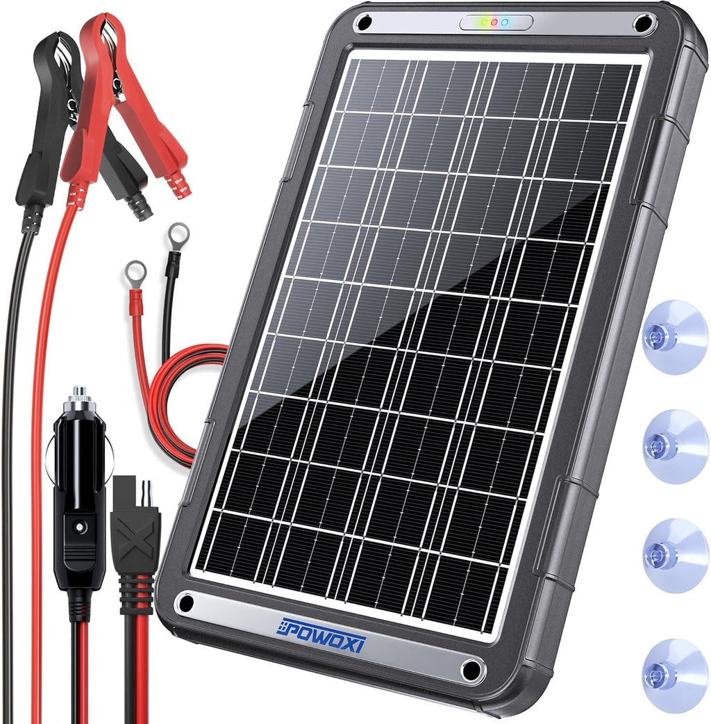 POWOXI 12V Solar Car Battery Charger: 15W Solar Trickle Charger Maintainer