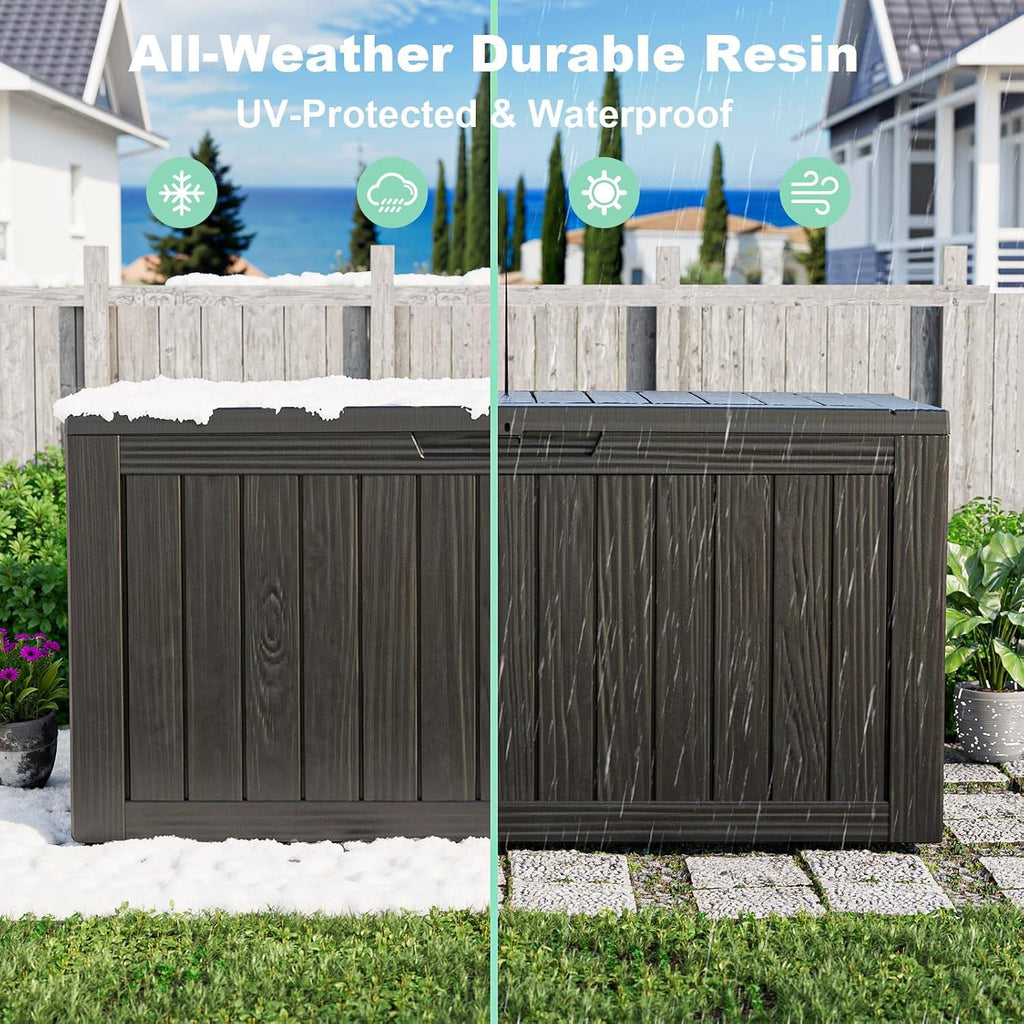 lockable resin storage bench, waterproof uv resistant outdoor, close-up detail