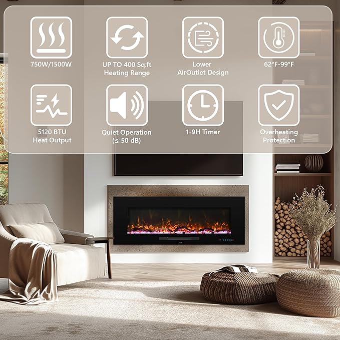 50" Electric Fireplace, Recessed & Wall Mounted Fireplace Heater 13 * 13 Colors