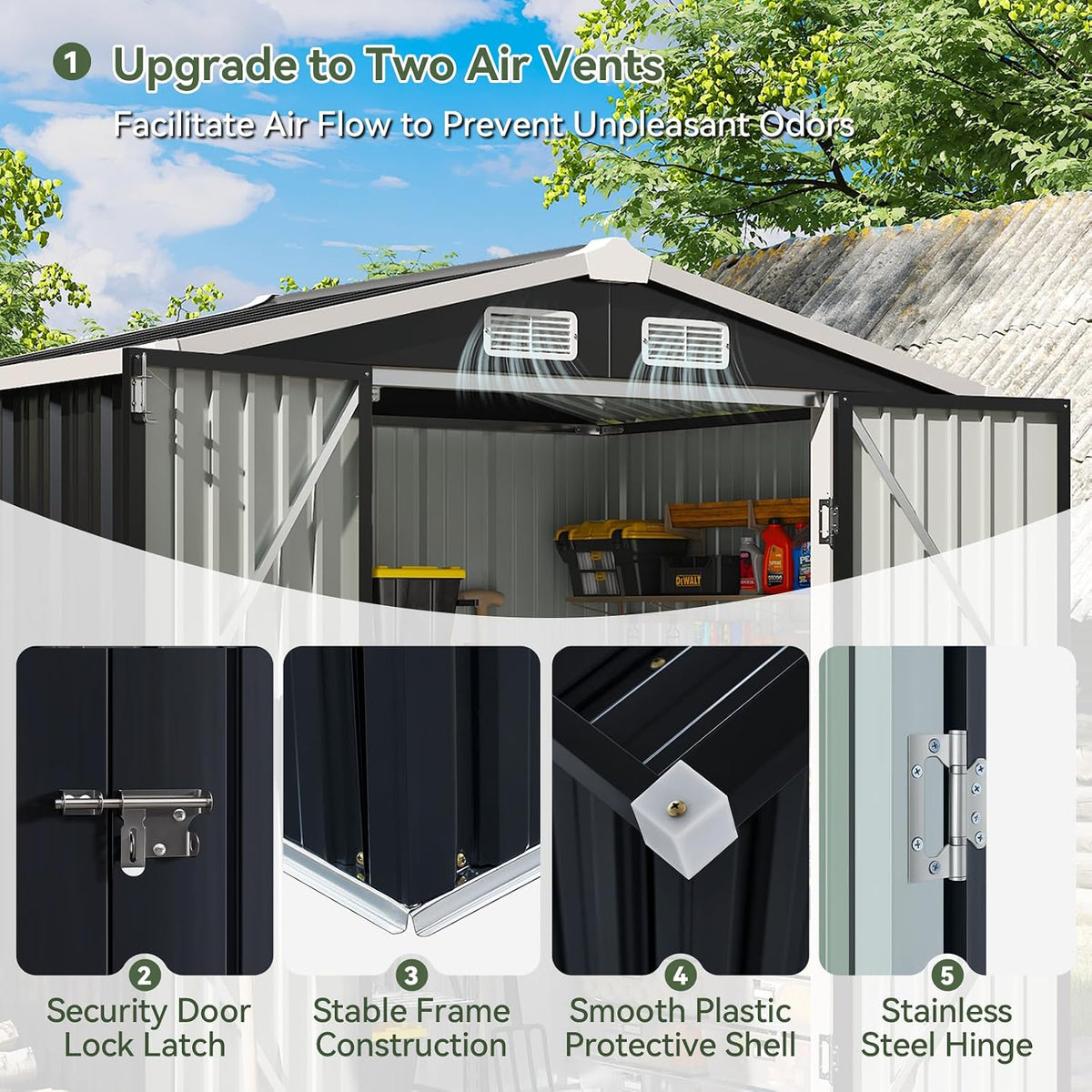 aoxun 6x4 ft shed outdoor storage shed, black showing dimensions
