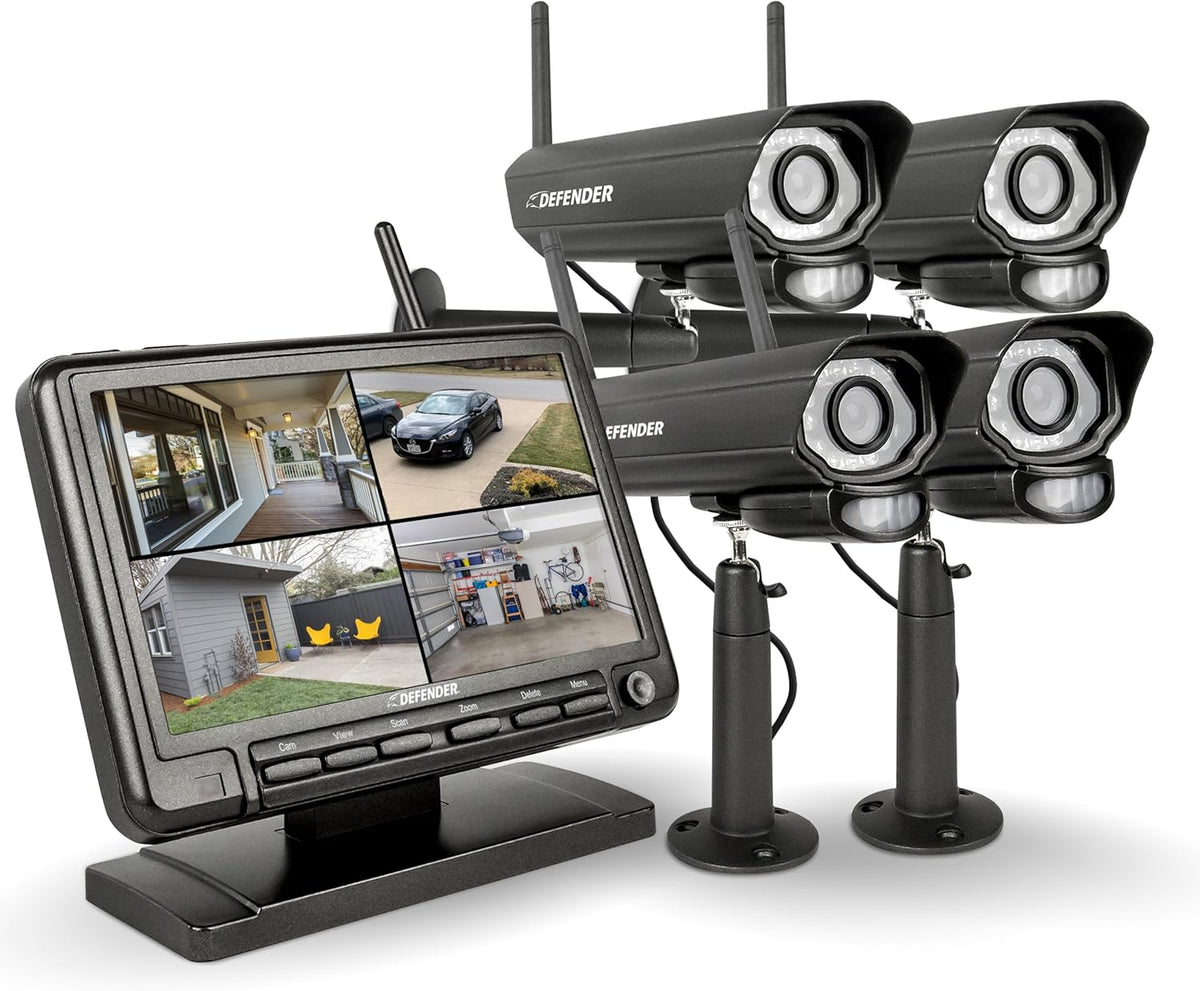 Defender PHOENIXM2 Non WiFi Plug-in Power Security Cameras- for Home & Business Surveillance Indoor & Outdoor Bullet Cameras with 7 Inch LCD Display Monitor (4 Cameras)
