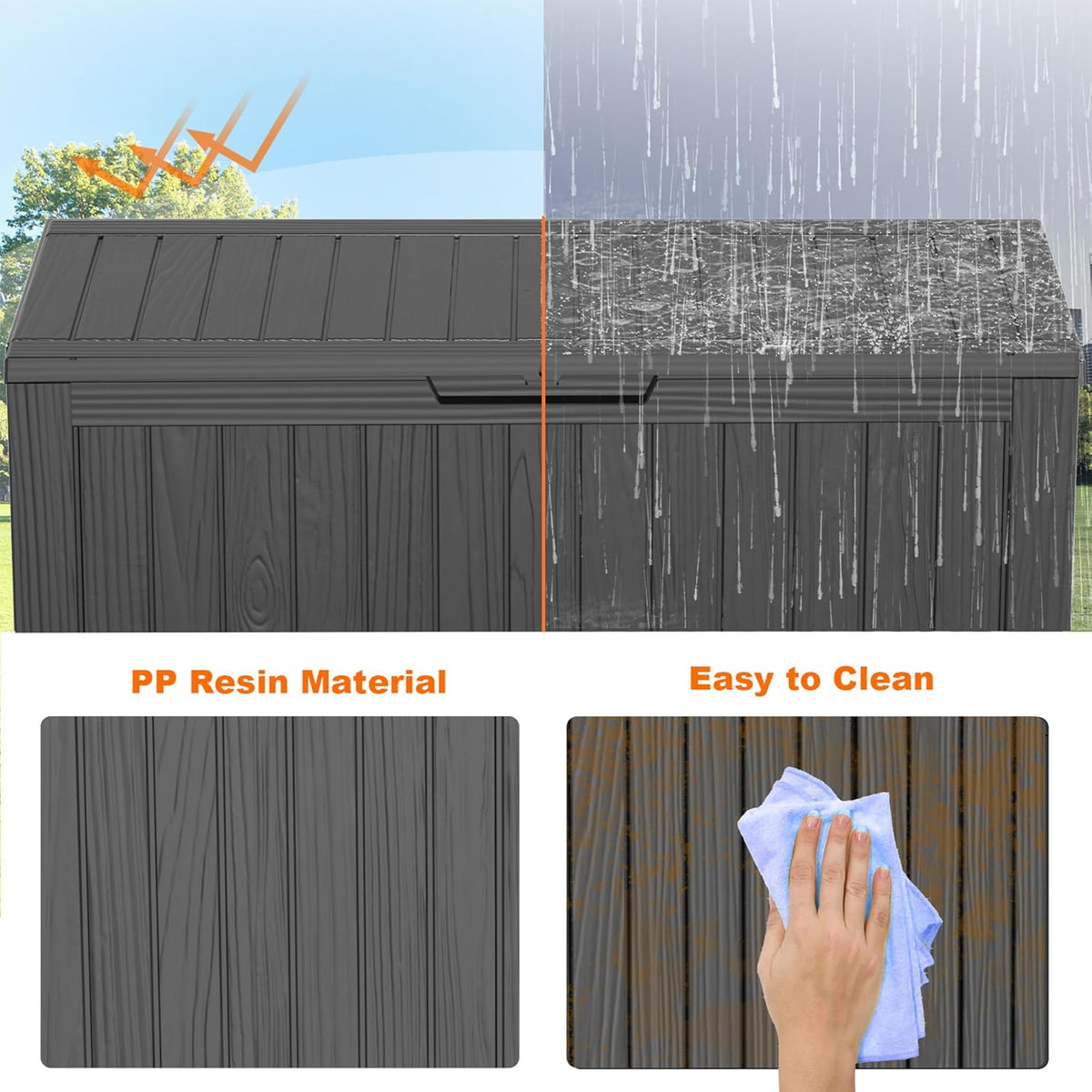 patiozen 75 gallon resin deck box,waterproof outside storage, close-up detail