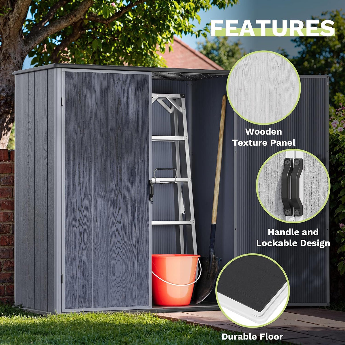 devoko 5x3 ft resin storage shed with floor, side view