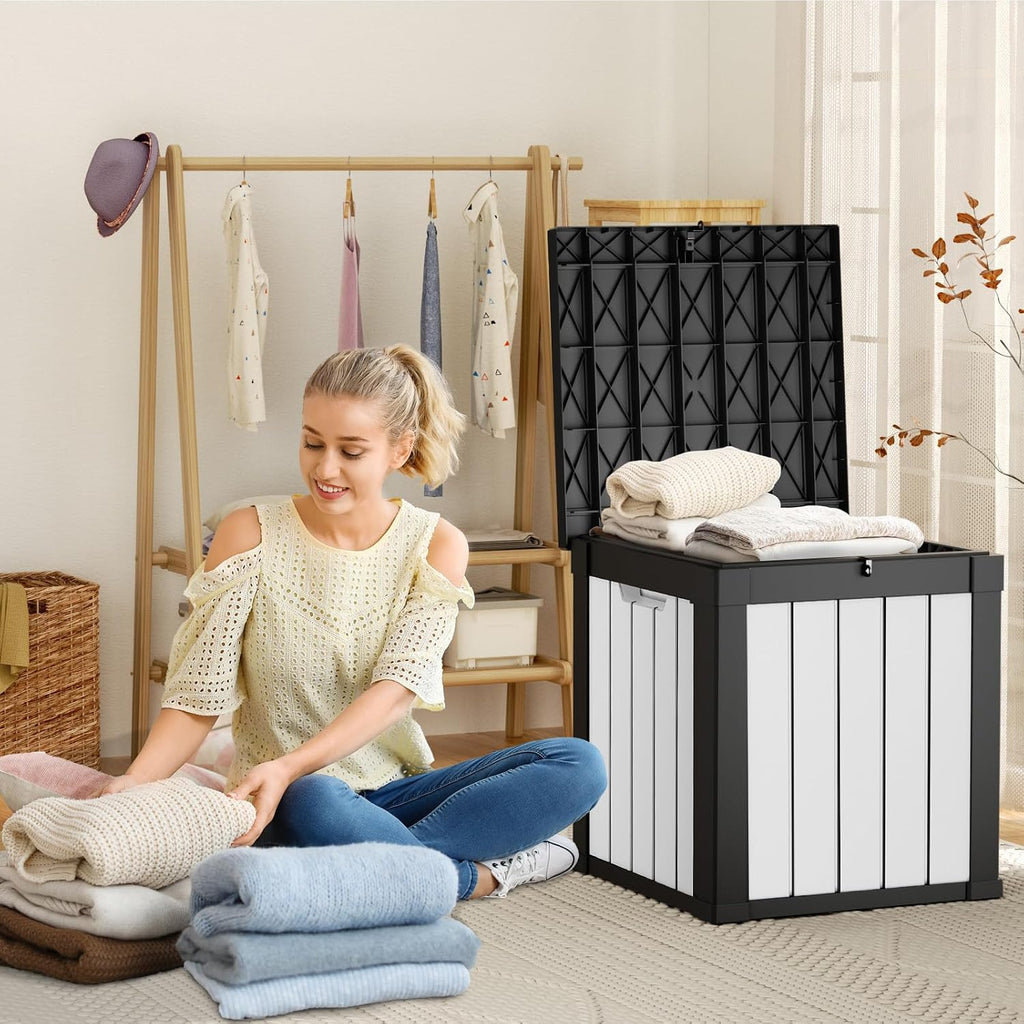 rojik 50 gallon resin deck box, lockable waterproof shown in use