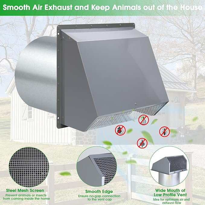 6 Inch Hooded Wall Vent with Screen and Damper, 6 Inch Exhaust Vent Cover Cap