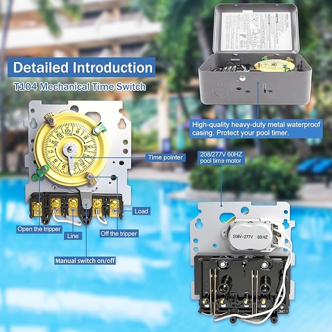 T104 Mechanical Timer Switch, 208–277 VAC 40 Amp, Pool Pump Switch, 24 Hour 12