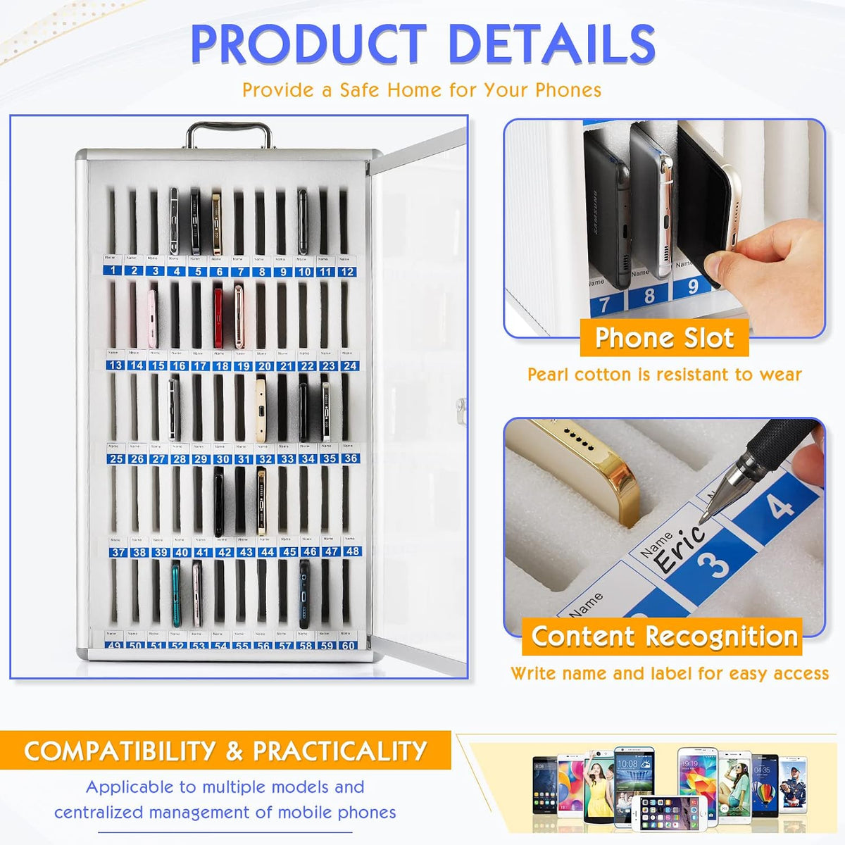 60 slots aluminum alloy cell phone locker, phone, side view