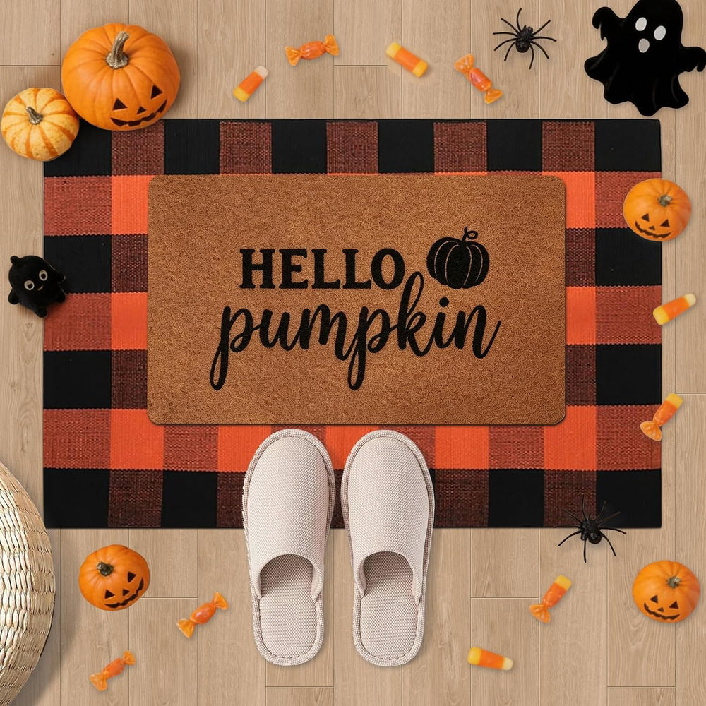 2 Pack Fall Halloween Door Mat Set, Pumpkin Coir & Plaid for Thanksgiving