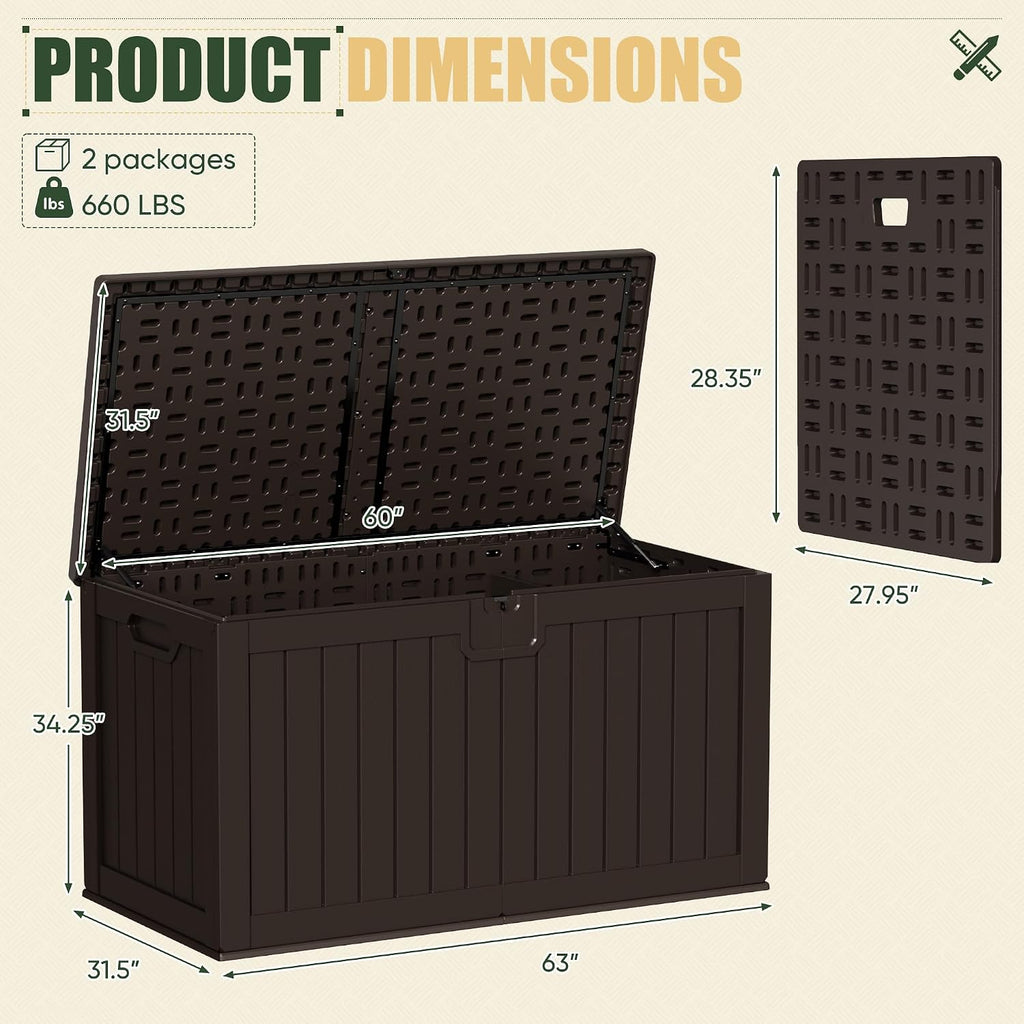 jummico hdpe 250 gallon deck box double-wall with showing dimensions