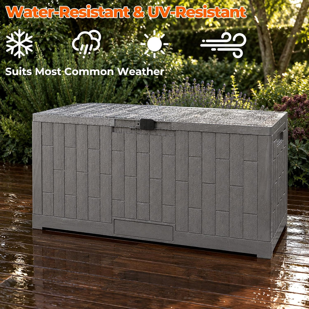 outdoor storage box, 120 gallon waterproof resin patio, front angle view