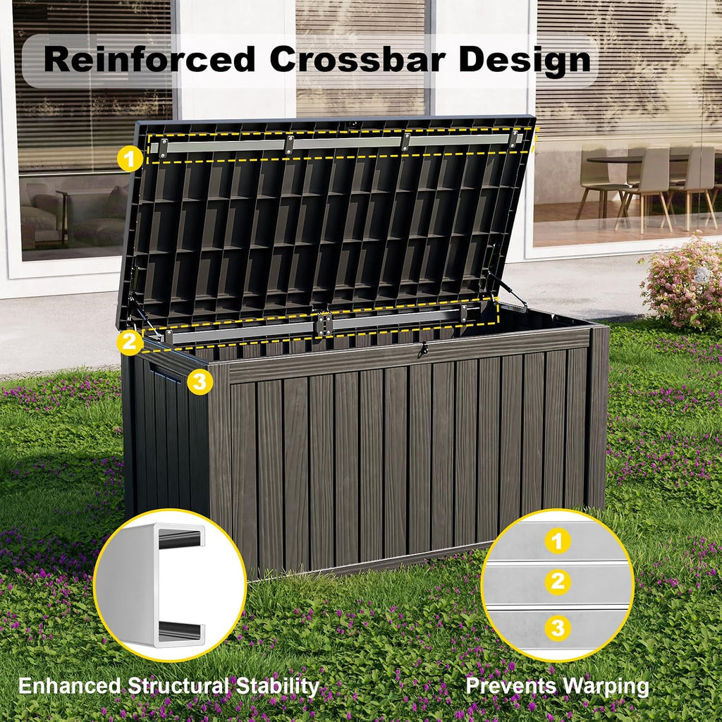patiozen 180 gallon resin deck box, lockable weatherproof showing dimensions