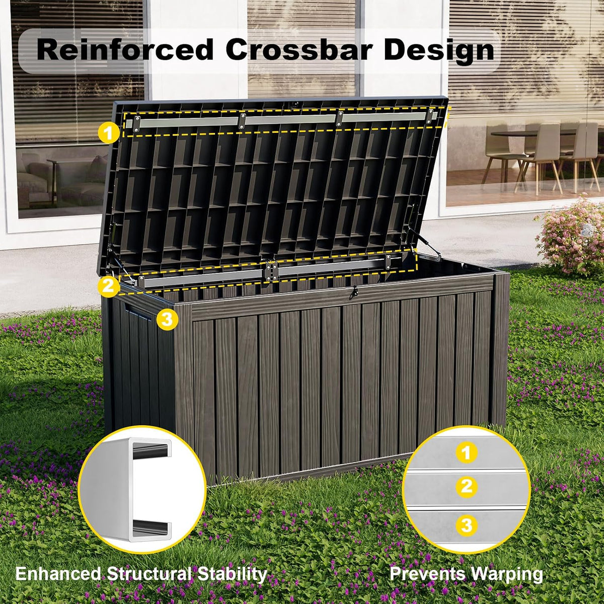 patiozen 180 gallon resin deck box, lockable weatherproof showing dimensions