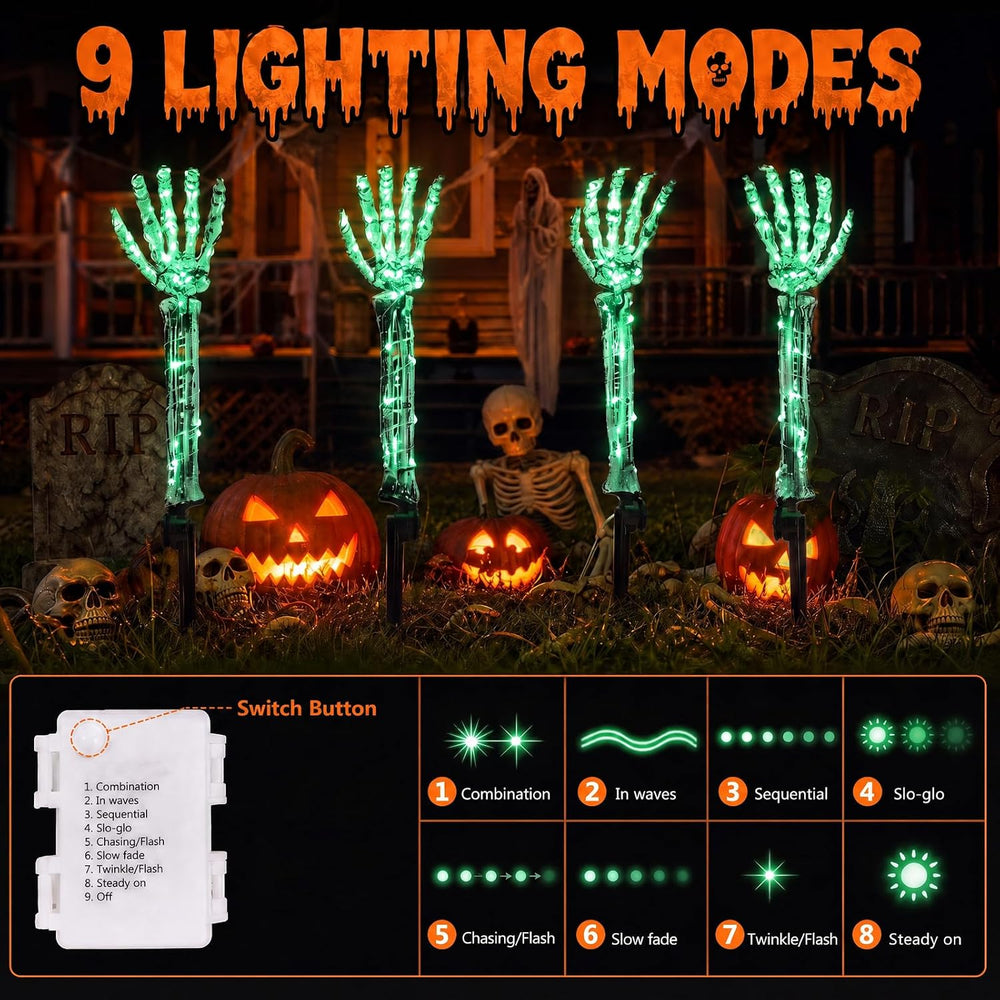 Halloween Skeleton Arm Stakes 4‑Pack, 160 Green LED Battery‑Powered Lights