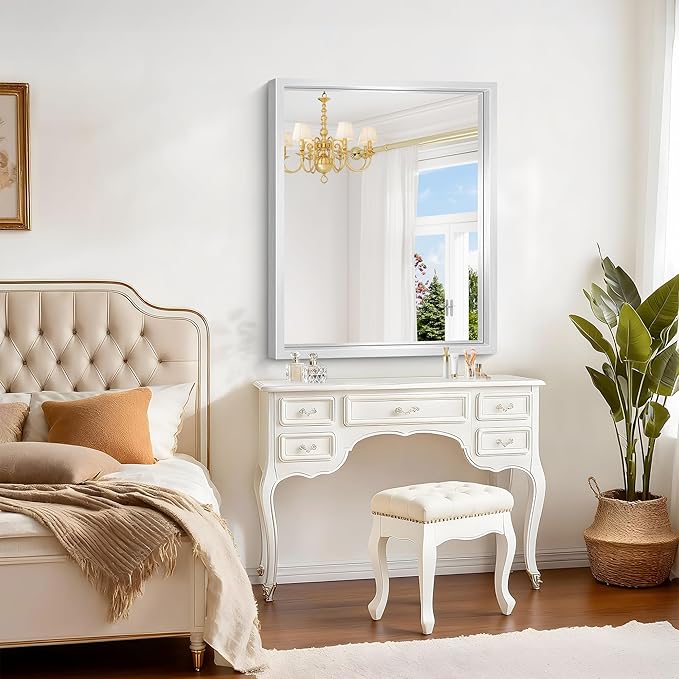 Silver Bathroom Mirror, 36 x 30 Inch Rectangular Wall Mirror 0.6" Thickened