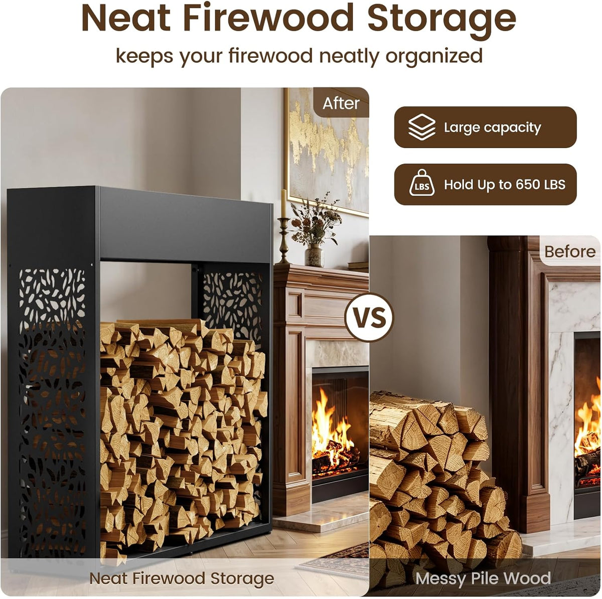 4ft firewood rack outdoor, fire wood log storage, side view