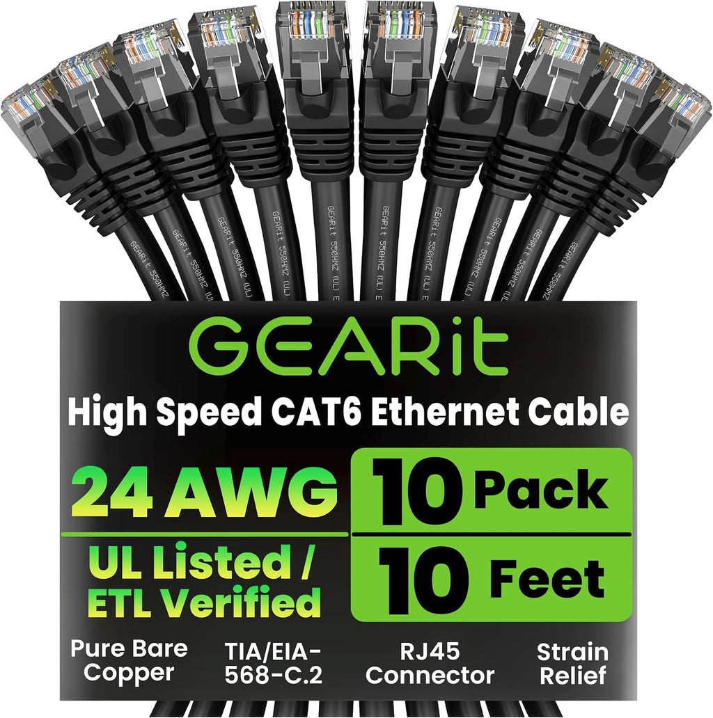 GEARit Cat 6 Ethernet Cable Pack – 10-Pack 10 ft Cat6 Ethernet Patch Cables |