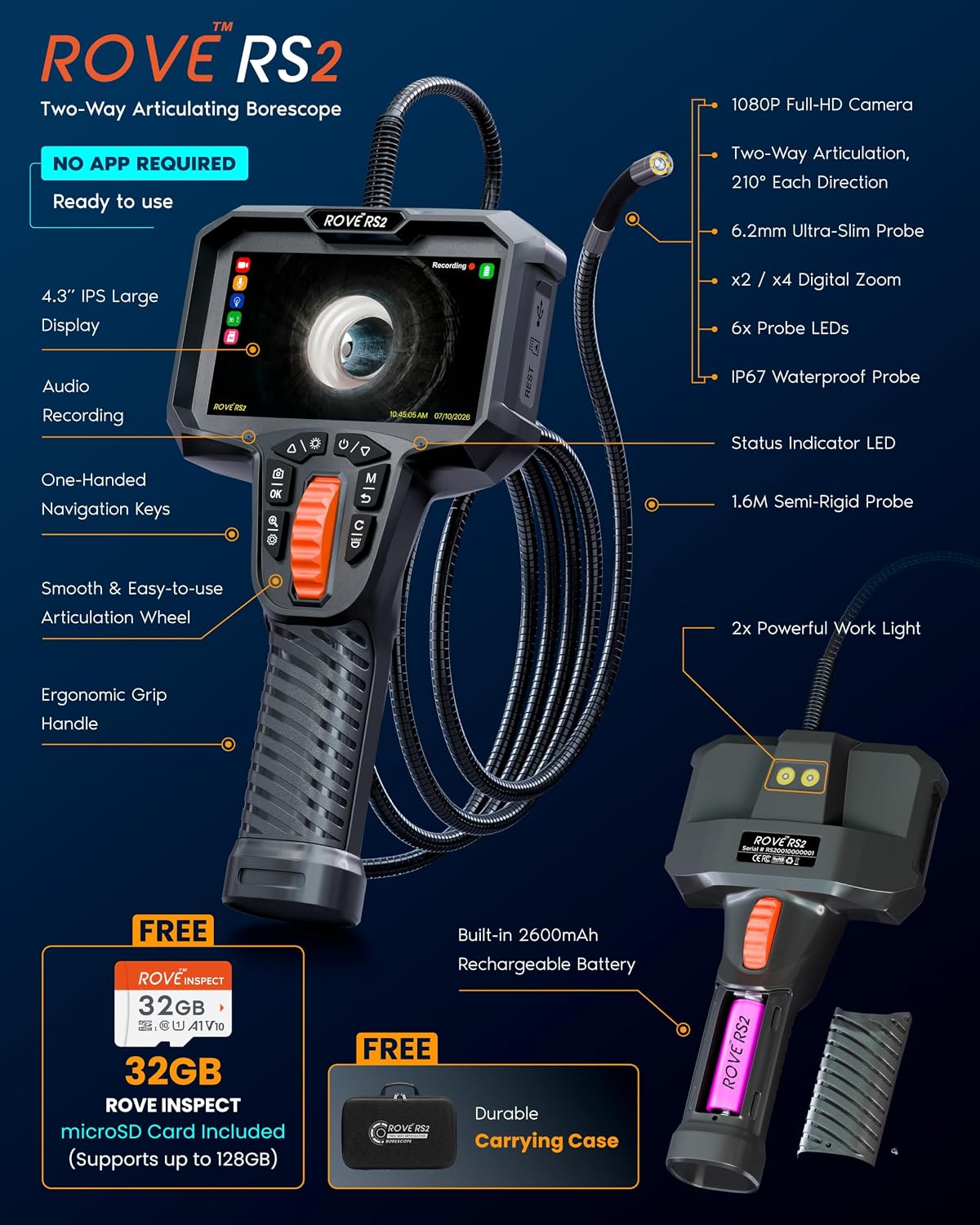 rove rs2 articulating borescope camera with light, 2-way, close-up detail