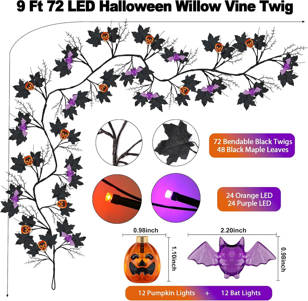 9FT 72 LED Halloween Willow Vine Twig Decor Black Halloween Garland with Pump...
