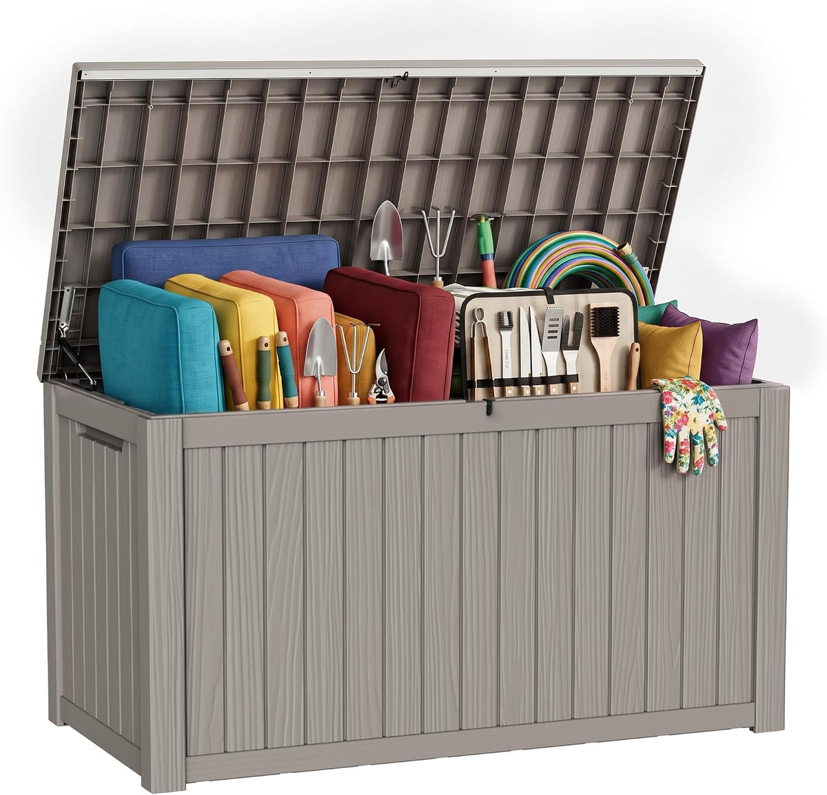 260 Gallon Large Resin Deck Box, Heavy Duty Outdoor Storage Box with Hydraulic Rods, Lockable & Waterproof Patio Box, Easy Assembly Extra Bench Seating for Garden, Backyard, Pool Grey