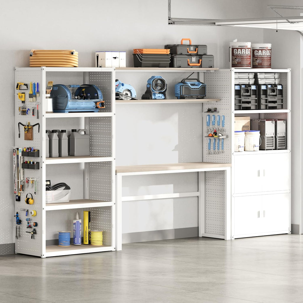 FLEXIMOUNTS 117"L Modular Garage Storage Cabinet with Workbench, White