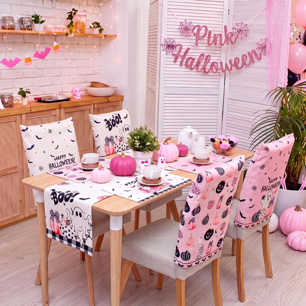 Newtay 13 Pcs Pastel Halloween Table Runner Placemats and Chair Cover Set
