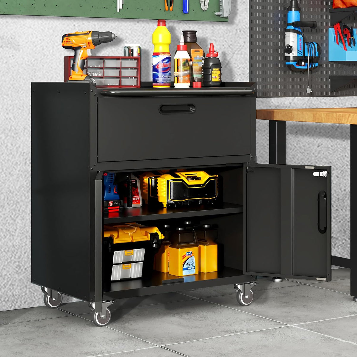 garage cabinets,metal garage storage cabinet with wheels,black lockable shown in use