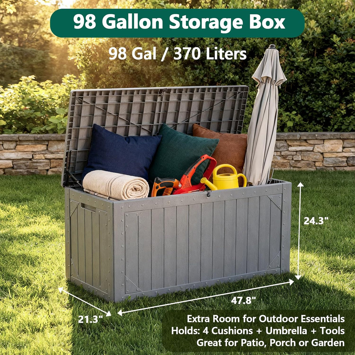 outdoor storage box, 98 gallon deck box, outdoor, package contents
