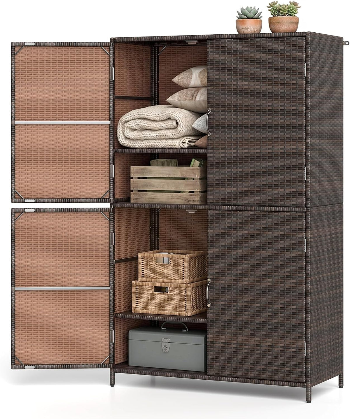 Tangkula Rattan Outdoor Storage Cabinet with 2 Adjustable Shelves