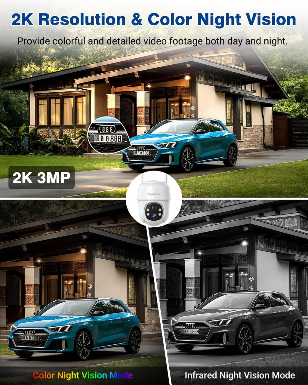 septekon 360°ptz security cameras wireless outdoor 2 pack, side view