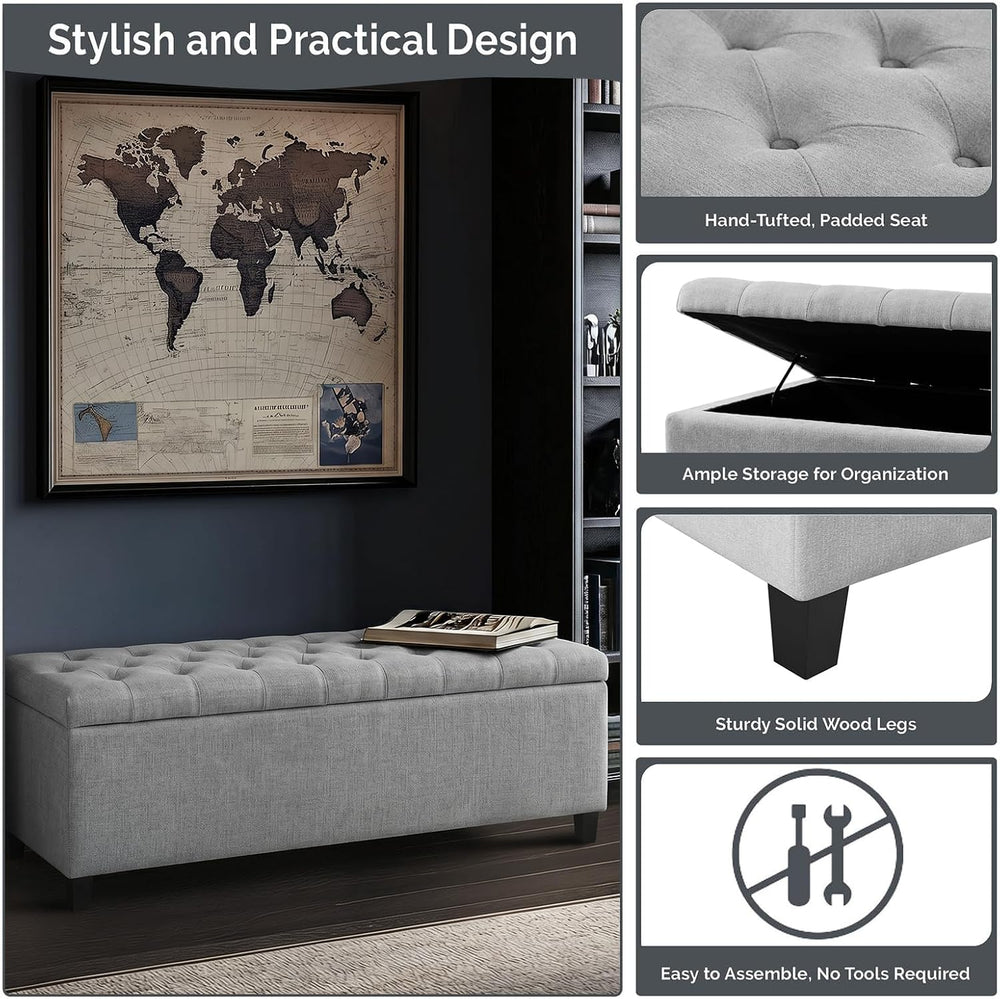 Madison Park 49" Upholstered Storage Bench, Button Tufted End of Bed Ben...