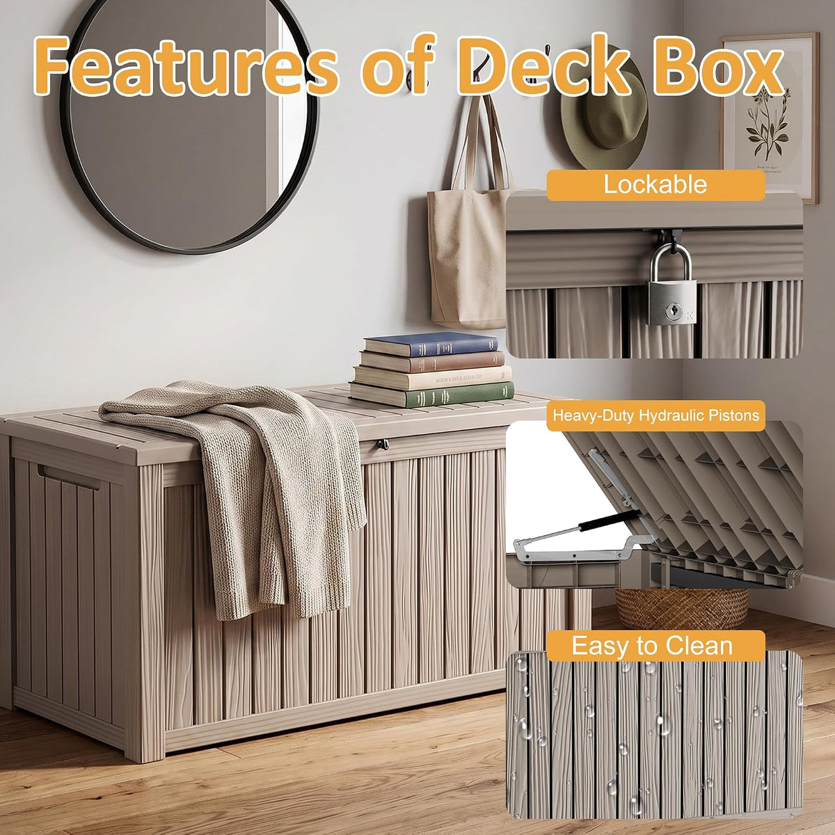 200gal lockable waterproof deck box, sturdy bench for, side view