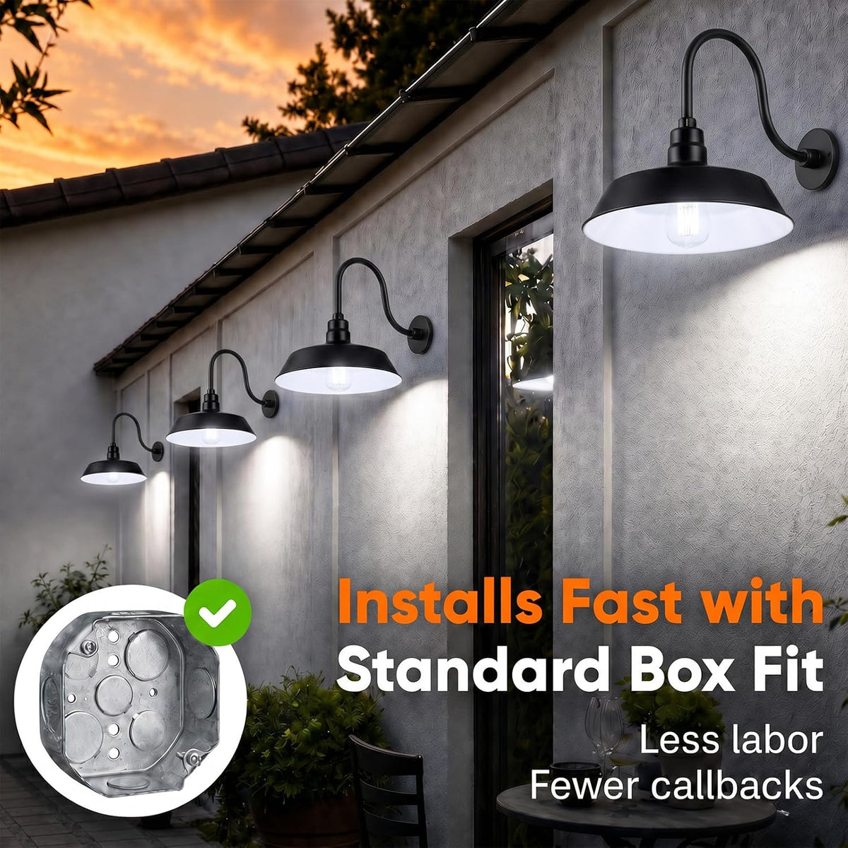 14in. satin black outdoor gooseneck barn light fixture, package contents