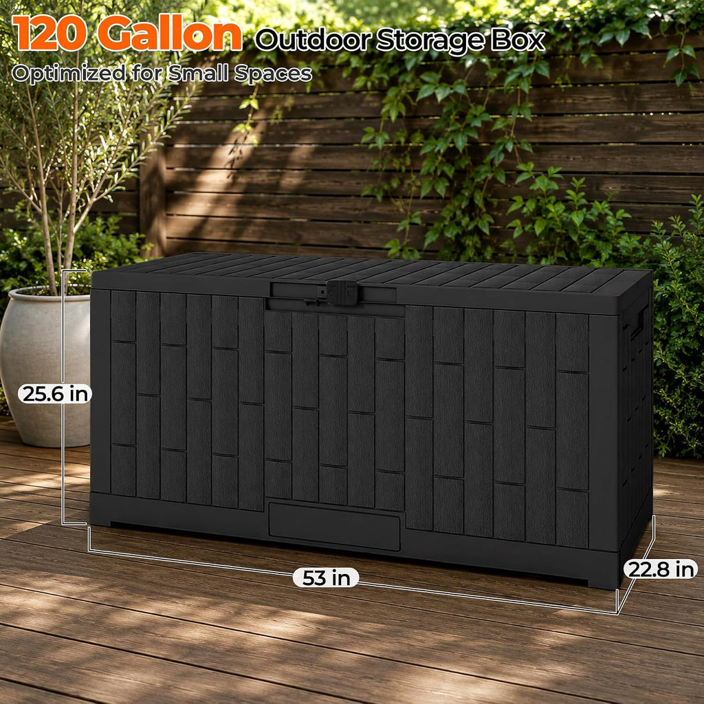 outdoor storage box, 120 gallon waterproof resin patio shown in use