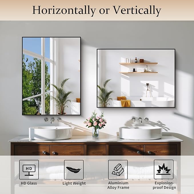 Black Bathroom Mirror for Wall, 24x32 Inch Rectangle Mirror