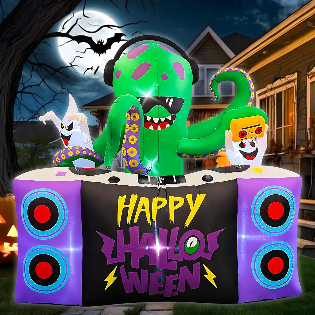 BLOWOUT FUN 6FT Halloween Inflatables DJ Octopus Playing Music on Turntable