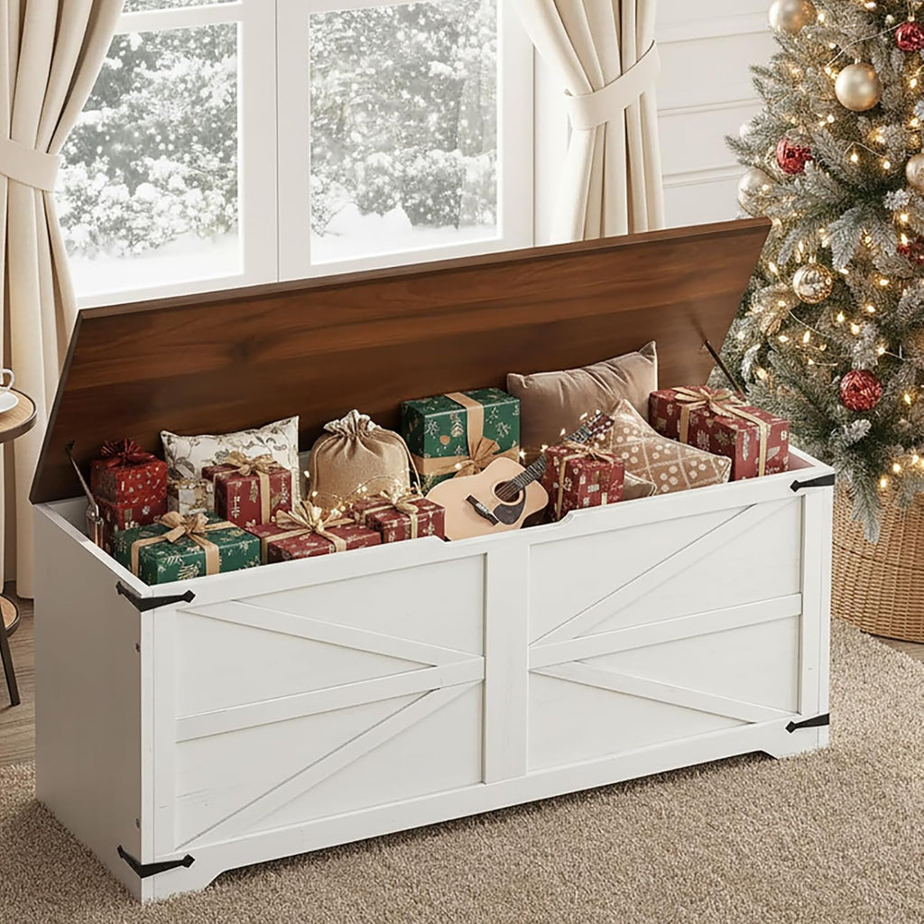 DWVO Storage Bench 47.2", Hidden Storage, Slow-Close Hinges, White/Walnut