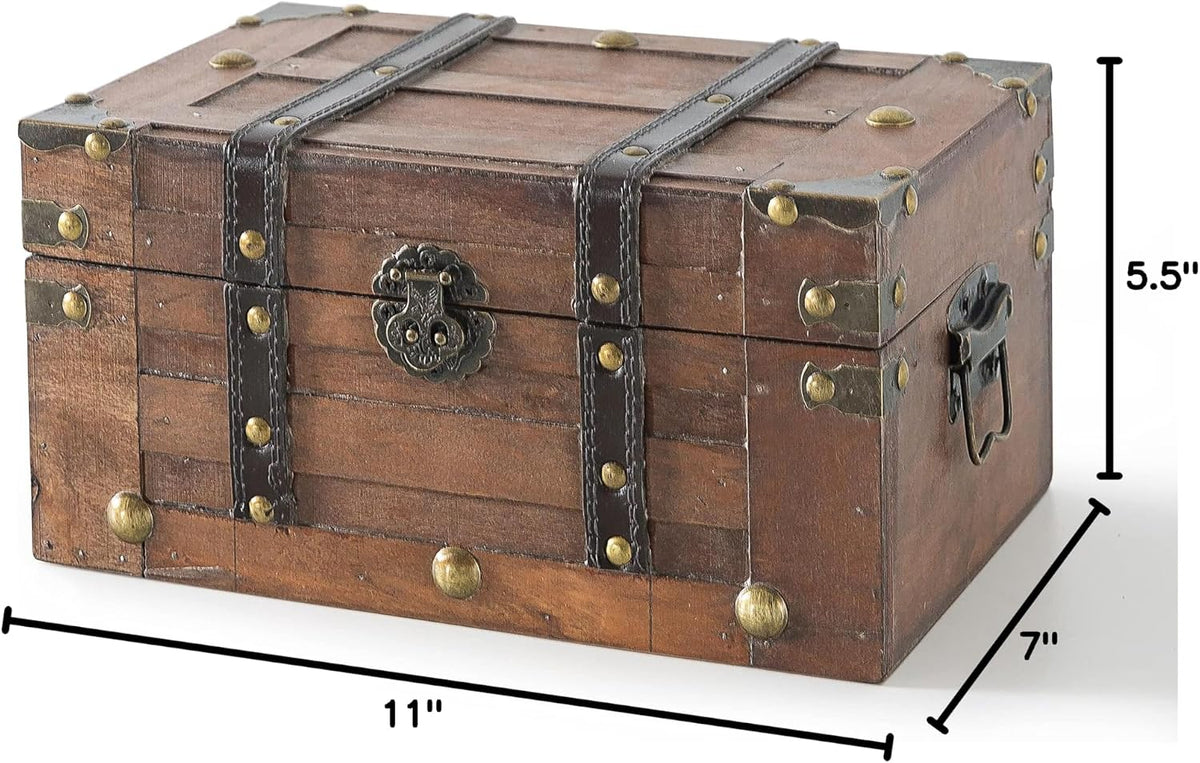 SLPR - Alexander Small Wooden Treasure Chest with Hinged Lid, 11x7x5.5 In