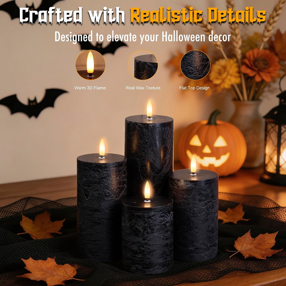 Black Flickering Flameless Candles, Real Wax Halloween Pillar Candles