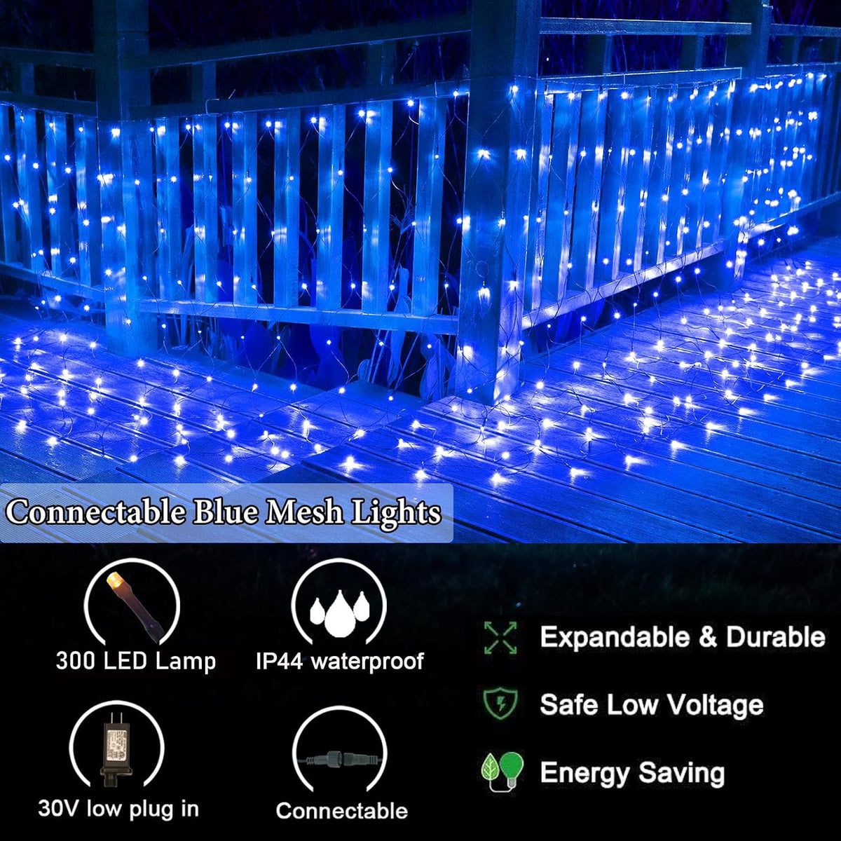 OYCBUZO 300LED Net Lights, 14.8ft x 5ft Christmas Net Lights Outdoor Connectable, Waterproof Mesh Lights 8 Lighting Modes for Halloween Bushes Xmas Tree Holiday Party Garden - Blue