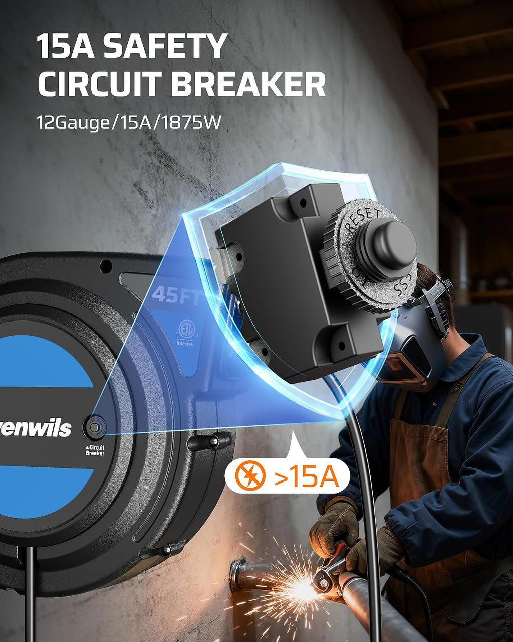 DEWENWILS 45FT Retractable Extension Cord Reel, 6 Outlets, 12/3AWG SJTOW | 15A Circuit Breaker,Automatic Retractable,Twist-Lock Stopper, 180°Swivel Bracket, Lighted Plug End for Garage,Workshop