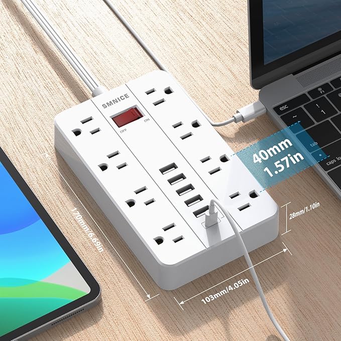 Flat Plug Extension Cord 15 Ft, SMNICE Surge Protector Power Strip