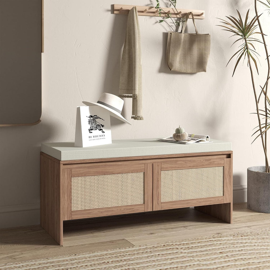SOFTSEA 39.4" Shoe Storage Bench with Rattan Doors & Cushion, Natural