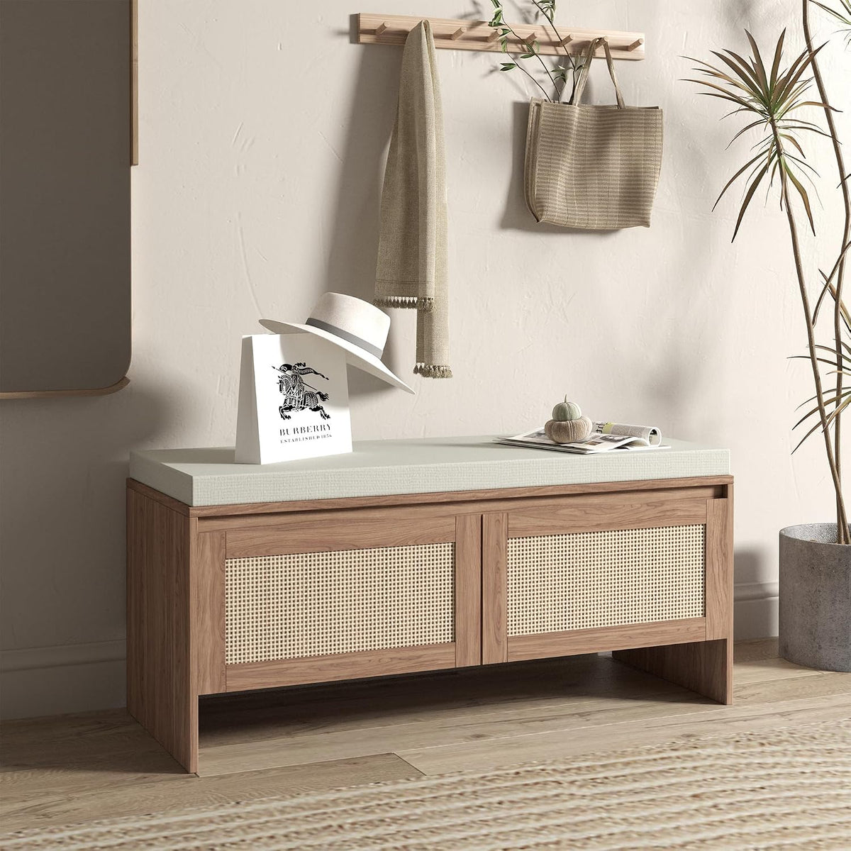 SOFTSEA 39.4" Shoe Storage Bench with Rattan Doors & Cushion, Natural