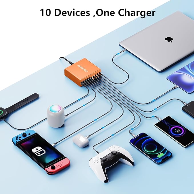 320W USB C Charger Block, 10-Port USB C Charging Station GaN III PD 65W Laptop