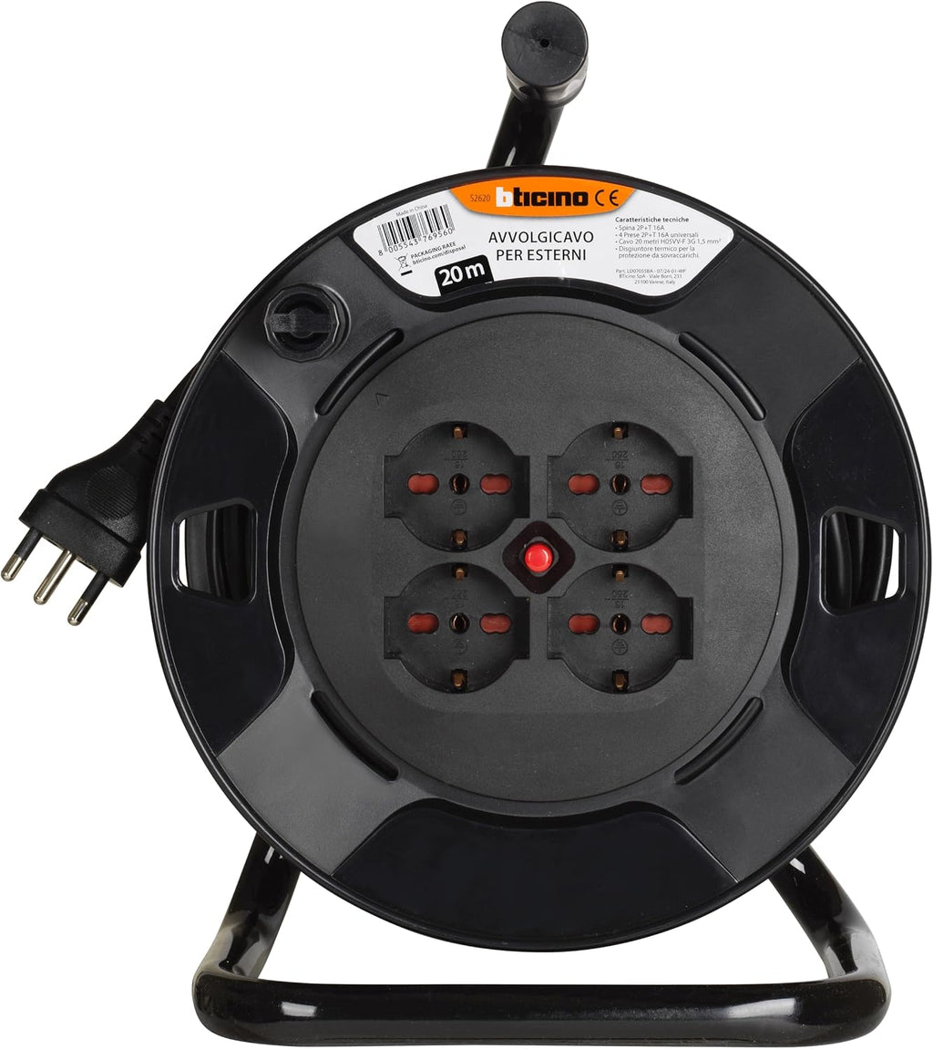 BTICINO Cable Reel S2620, Electric Extension 20 Metres, 4 Schuko Sockets, Double Pole, Large 16 A Plug, Thermal Switch, Ergonomic Handle, Cable Holder and Cable Reel, Full Black
