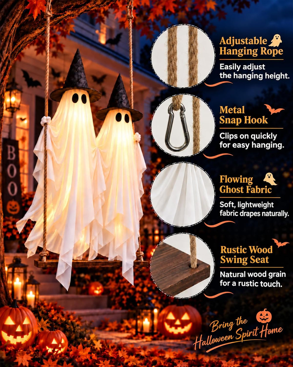 Evoio Halloween Swinging Ghost Outdoor Decor, Two 5FT Ghosts on a Swing, Ligh...