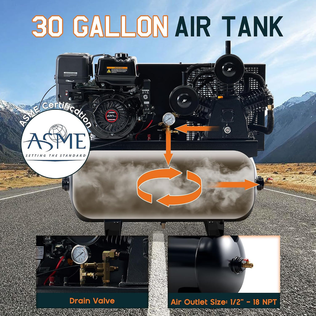 Albott 13HP Gas Air Compressor 30 Gallon Portable Horizontal Tank
